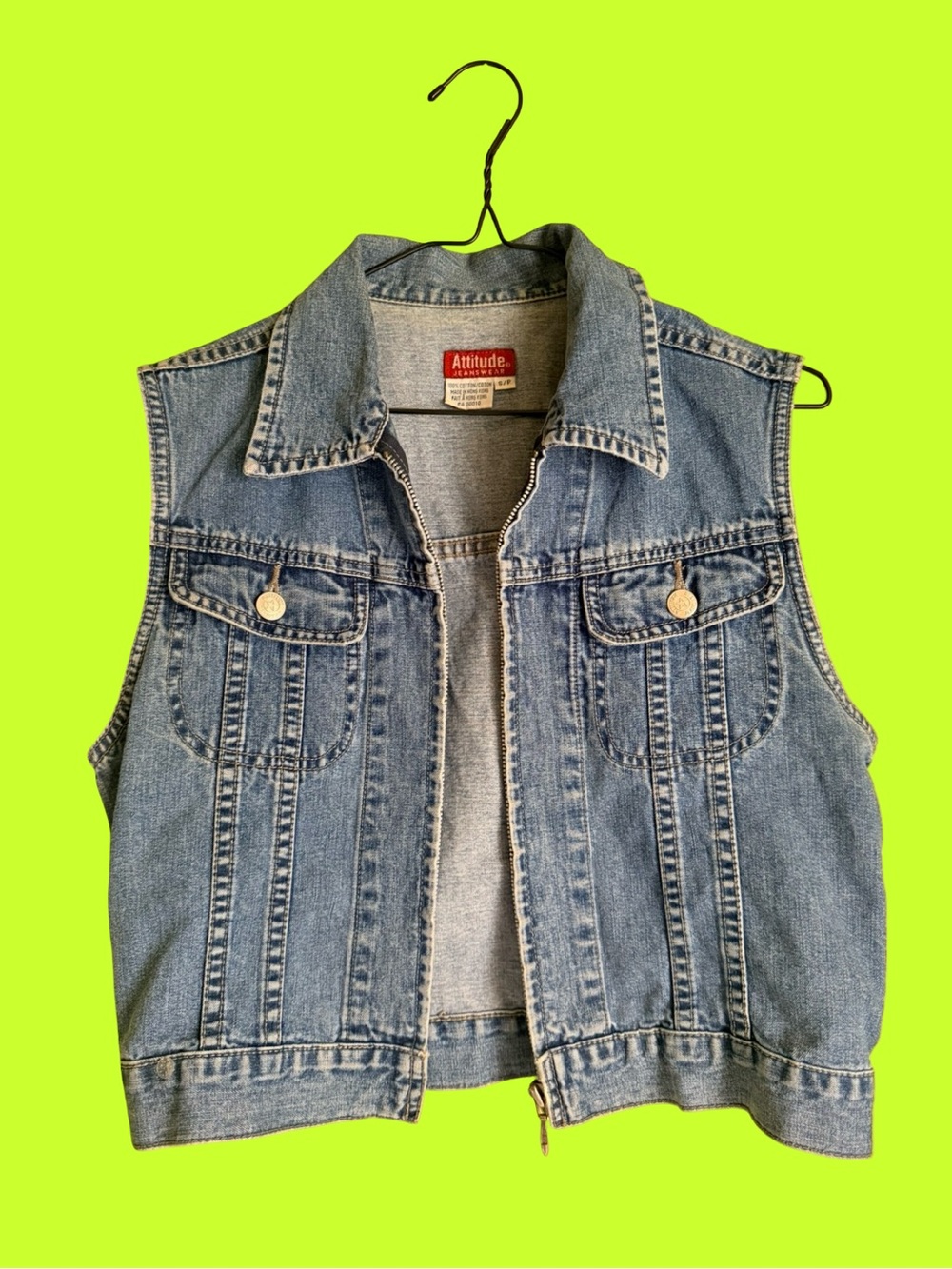 Vintage Denim Vest Cropped Zip Front – Light Wash Jean Vest (Small)